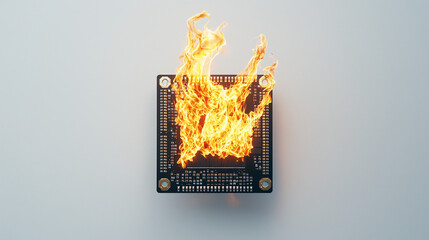 Circuitry on Fire: A close-up shot of a circuit board engulfed in flames, symbolizing the intense heat and potential dangers of technology.