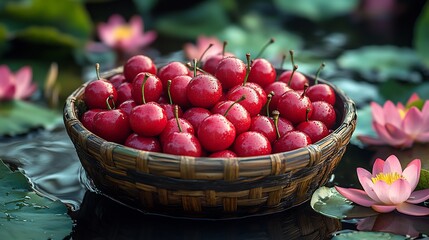 Basket of acerola cherries floating on a small pond surrounded by lotus flowers with soft light reflections on the water creating a serene and tropical scene Scientific name Malpighia emarginata