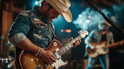 Obraz premium Man playing electric guitar stage He is wearing A country musician plays