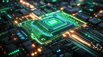 A close-up illustration of a microchip surrounded by glowing green neon