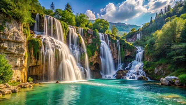 Scenic view of Varone Waterfall Lake Garda with lush green gorge, Trentino Alto Adige, Italy , Varone Waterfall
