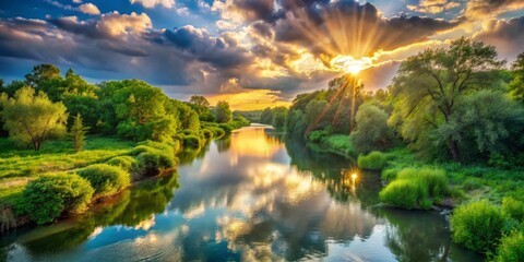 River's meandering path, lined with lush verdant foliage, echoes the vibrant hues of sky above, as sunbeams skipping across rippling waters, evoke a sense of idyllic tranquility.