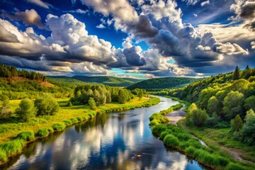 Fototapeta premium Clouds drift lazily across the sky above the river as it flows smoothly through the valley surrounded by dense foliage.