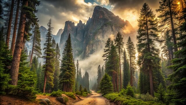 Ancient sentinels of the forest stand tall along a narrow path that winds its way to a rugged mountain peak in a composition of earthy tones and atmospheric mist.