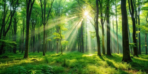 Obraz premium Lush green forest with sunlight streaming through the trees, nature, outdoors, trees, foliage, environment, wilderness