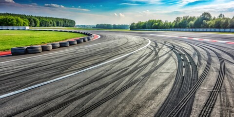 Empty racetrack with tire marks from previous races, showcasing the intensity and adrenaline of high-speed competitions