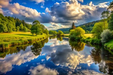 Nature scene features a peaceful river flowing gently through a valley with surrounding trees and clouds above reflected perfectly.