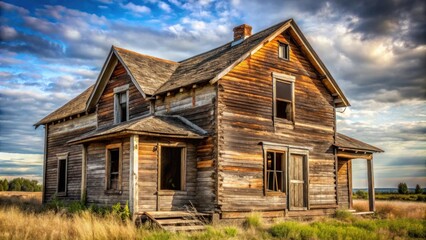 Obraz premium Old abandoned wooden house with boarded up windows and crumbling roof , abandoned, wooden, house, boarded up, windows