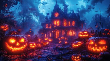 Spooky Halloween scene with a haunted house and glowing pumpkins.