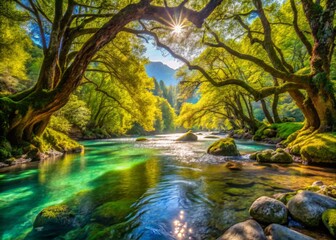 Fototapeta premium River flows lazily beneath a sunny afternoon, its crystal waters reflecting the vibrant hues of surrounding valley walls and the twisted, moss-covered limbs of ancient trees.