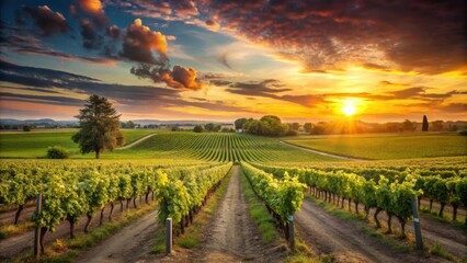 Fototapeta premium Sunset landscape of Bordeaux wineyard in France , sunset, landscape, Bordeaux, wineyard, France, vineyard, scenic, agriculture