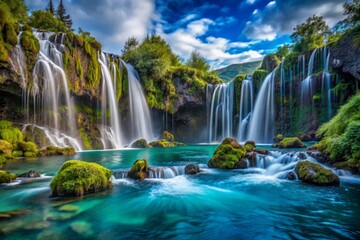 Obraz premium Waterfalls plummet into turquoise depths surrounded by moss-draped boulders set against a cerulean sky.