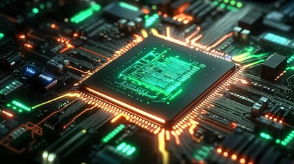 A dynamic perspective of a computer microchip with a luminous green neon glow