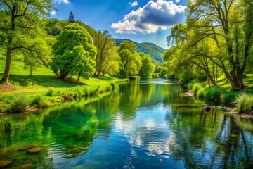 Riverbanks lined with vibrant greenery slope gently towards the water, creating a sense of depth and tranquility.