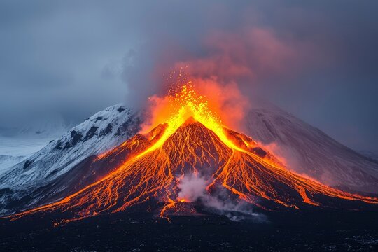 Erupting Volcano with Lava Flow and Smoke Against Snowy Mountains