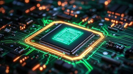 A futuristic microchip design featuring radiant green neon lighting, showcasing detailed engravings and electronic pathways that pulse with energy
