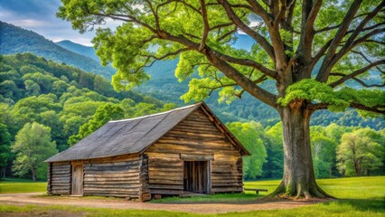 Rustic old log barn next to large tree in Cades Cove, Great Smoky Mountains National Park, rustic, old