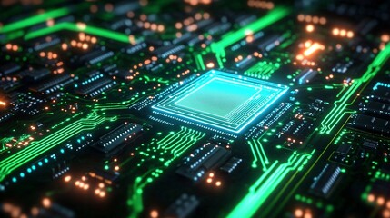 Obraz premium A close-up of a computer motherboard highlighting a microchip surrounded by vibrant neon green lighting