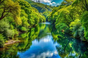 Obraz premium River winds its way through dense foliage, reflecting vibrant greens and blues in its calm surface.