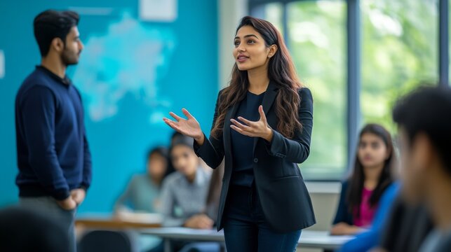 Young woman standing front group students classroom She Indian business leader