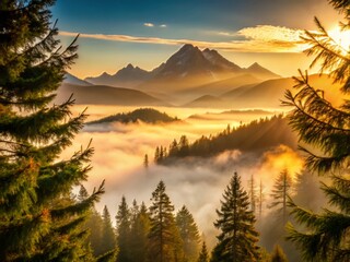 Naklejka premium Mountains rise majestically in the distance, seen through towering conifers shrouded in mist, golden light streaming between branches.