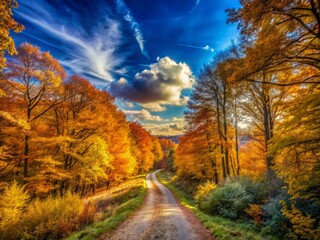 Naklejka premium Majestic blue sky above, rich orange and yellow woodland below, connected by a serene path guiding the viewer deeper.