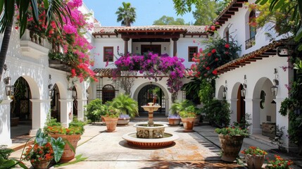 Obraz premium Mediterranean-Style Villa with White Stucco Walls, Terracotta Roof, Arched Doorways, and Bougainvillea Courtyard Fountain
