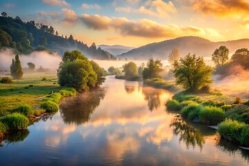Fototapeta premium Soft morning mist rises from river, veiling the valley in a mysterious, serene atmosphere.