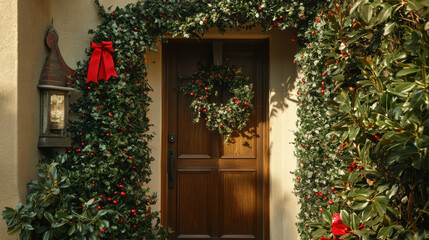 beautifully decorated doorway adorned with mistletoe, holly, and festive wreath, creating warm and inviting atmosphere for holiday season