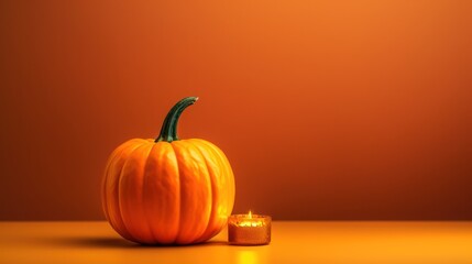 Pumpkin and Candle on a Warm Autumn Background