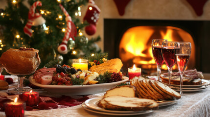 festive Christmas party table is beautifully set with variety of delicious foods, including meats, fruits, and baked goods, surrounded by candles and glowing tree