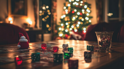 cozy Christmas themed game night scene featuring decorated tree, colorful dice, and festive decorations. warm ambiance invites joy and togetherness