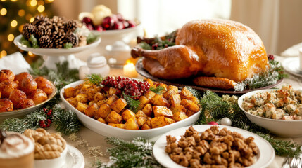 Obraz premium festive Christmas feast featuring beautifully roasted turkey, golden roasted vegetables, and array of delicious side dishes, perfect for family gatherings