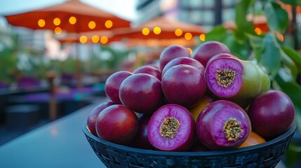 Basket of maracuja fruits displayed on a modern rooftop bar with bright umbrellas and sunset views softly blurred behind promoting a lively stylish setting Scientific name Passiflora edulis