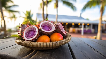 Basket of maracuja fruits resting colorful outdoor caf table tropical drinks and bright umbrellas softly blurred in the background evoking a lively beachside vibe Scientific name Passiflora edulis
