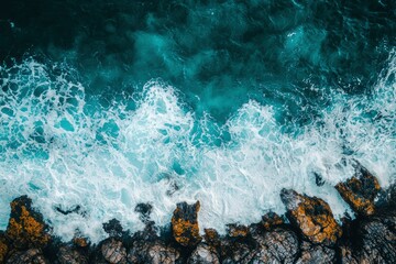 Aerial View of Ocean Waves Crashing on Rocky Coastline