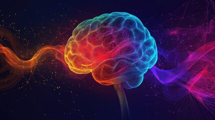 Vibrant Digital Brain with Neural Network Connections and Colorful Abstract Waves on Dark Background