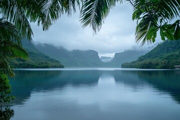 Calm Lake with Mountainous Landscape Framed by Palm Trees