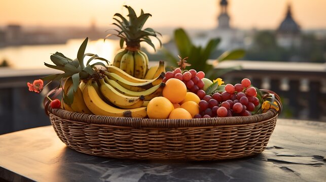 Basket of nance fruits resting smooth stone table luxury rooftop bar vibrant cocktails sunset skyline softly blurred behind blending elegance tropical freshness Scientific name Byrsonima crassifolia