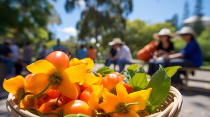 Naklejka premium Basket of naranjilla fruits resting colorful picnic blanket park families enjoying the day and bright flowers softly blurred behind promoting a joyful outdoor setting Scientific name Solanum quitoense