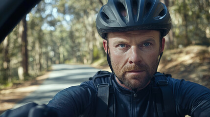 Obraz premium Focused and determined, man in cycling helmet prepares for outdoor biking adventure on forest road. His expression reflects thrill of ride ahead