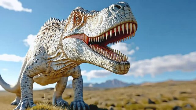 A close-up of a dinosaur with sharp teeth, standing in a field of grass with a blue sky background.