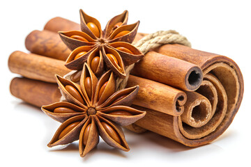 Star anise and cinnamon stick isolated on white background, Clipping path