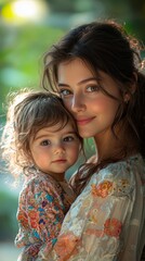 Comforting Mother with Young Child in Soft Pastel Colors