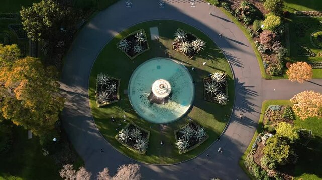 4K cinematic urban drone footage of a fountain in the carlton gardens of Melbourne