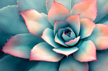 close up of agave plant with light teal and pink color scheme