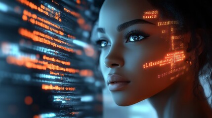 HCI and Virtual Digital Human: Black African American Woman Analyzing Data in Information Technology with Augmented Reality and AI Collage, Side Profile, Copy Space, AI, Cybersecurity, Background