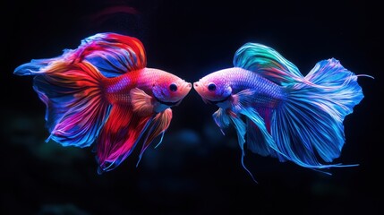 A striking dark-themed underwater shot of two betta fish, made of neon ice blue lights, in a vivid, colorful duel with their long tails in motion, contrasted against a shadowy oceanic backdrop.