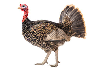 Full-body profile view of a turkey with vibrant feathers on a transparent background highlighting its unique characteristics. Animal photography concept