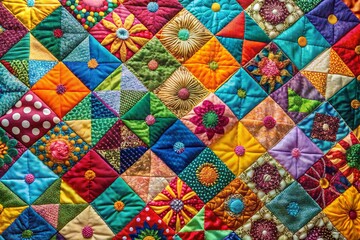 Fototapeta premium Colorful Patchwork Quilt Pattern with Geometric Shapes and Textures for Home Decor and Crafts Projects